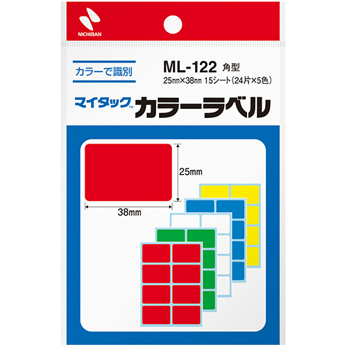 ﾏｲﾀｯｸ ｶﾗｰﾗﾍﾞﾙ 角型 25×38mm 5色 1ｾｯﾄ(1200片:120片×10ﾊﾟｯｸ)画像