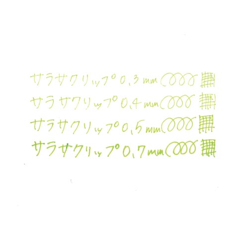 サラサクリップ 0.4mm ライトグリーン 5本 パッケージ全体が緑色のデザインで、クリップが並んでいる様子
