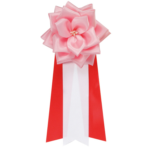 徽章ﾘﾎﾞﾝ ﾊﾞﾗ三枚ﾀﾚ 桃 中 1ﾊﾟｯｸ(12個)画像