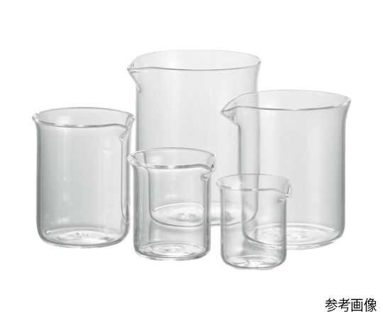 石英ビーカー　200ml 透明なビーカーが側面から見える状態、上部が開いていて内容物が入っていない様子。