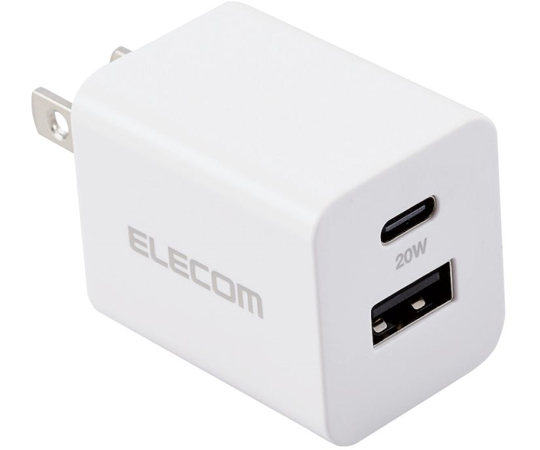AC充電器　スマホ・タブレット用　USB　PD対応　Type-C(USB　C)メス1×20W　Aメス2×合計12W　おまかせ充電　コンパクト　ホワイト コンパクトな形状で、ホワイトの外観が目立つ上面ビュー