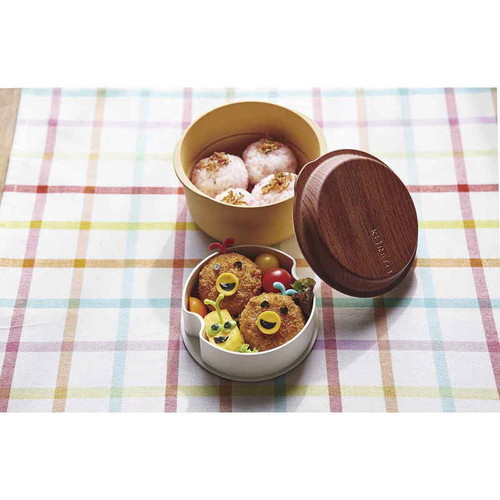 弁当箱　コレト　ランチポット　本体深　なべ風　中容器付き カラフルなデザインの蓋が付いた深型容器が見える状態