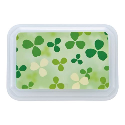 食器 B-608A [本体]赤07 [蓋]透明・クローバー(グリーン) タカギ産業 [ケース販売] 赤い本体と透明な蓋が組み合わさった状態で、グリーンのクローバー模様が見える。