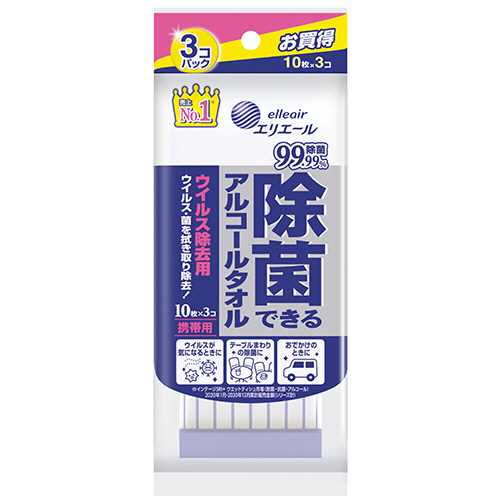 ｴﾘｴｰﾙ除菌できるｱﾙｺｰﾙﾀｵﾙ ｳｲﾙｽ除去 携帯用 1ﾊﾟｯｸ(30枚:10枚×3個)画像