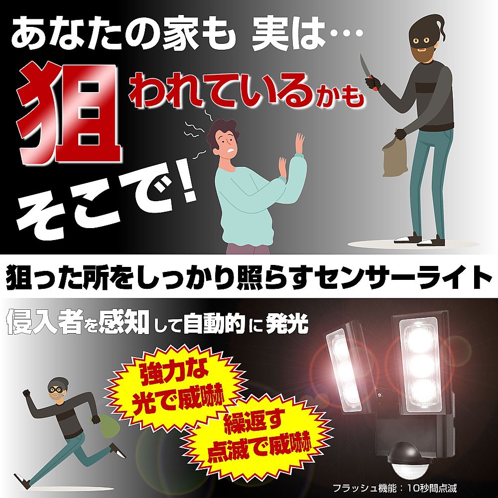 乾電池式　センサーライト 白い壁に取り付けられたセンサーライトが点灯している様子