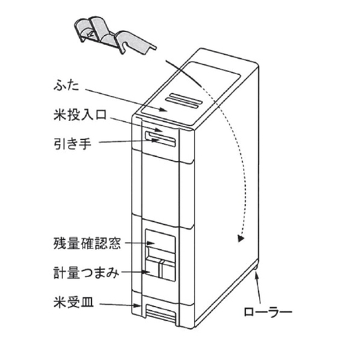 米びつ　1合計量　32kg用　無洗米対応　コンパクトライスディスペンサー　32kg シンプルなデザインの前面にラベルが付いた米の収納容器が見える状態