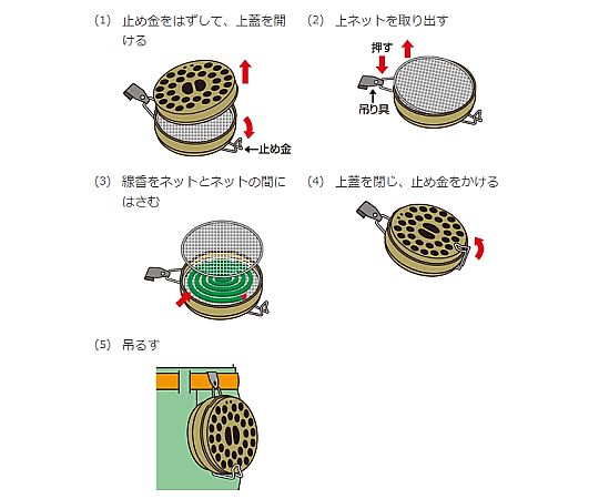 蚊取り線香ケース(金鳥大型吊下式かとり線香S) 透明なケースに収められた金属製の吊下式蚊取り線香が見える状態