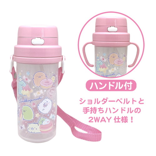 水筒　ストローボトル　370ml　すみっコぐらし ストローが取り付けられた透明なボトルの側面にかわいいキャラクターが描かれている様子