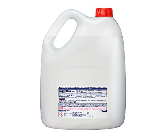 かんたんマイペット　業務用　4.5L　梱販売用 正面から撮影された大型の業務用ボトル、透明ラベルに詳細情報が記載されている。