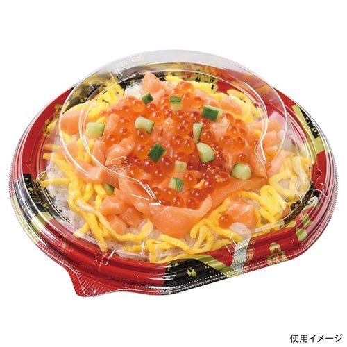 どんぶり容器 MSD半月丼 18-17(40) 花菱赤 エフピコ 赤い花模様が施された丸い容器が見える状態
