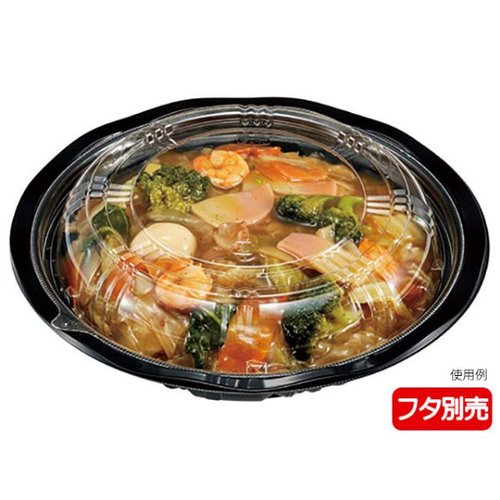 どんぶり容器 CY-丼 大N 黒本体 エフピコチューパ 黒い本体のどんぶり容器がテーブル上に置かれ、光沢のある表面や付属のフタが見える状態。
