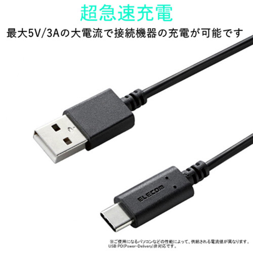 USB2.0準拠A-Cケーブル/0.5m/ブラック 黒いケーブルが整然と置かれている様子