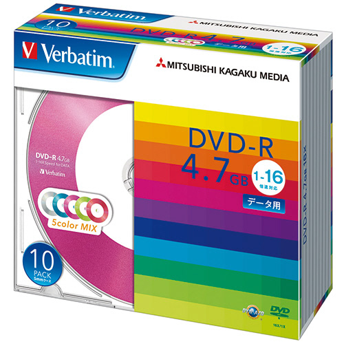ﾃﾞｰﾀ用DVD-R 4.7GB 1-16倍速 5色ｶﾗｰMIX 5mmｽﾘﾑｹｰｽ 1ﾊﾟｯｸ(10枚:各色2枚)画像