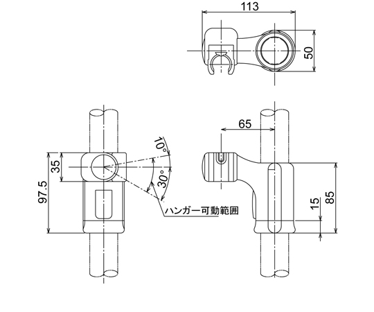 スライドシャワーフック　Φ30用　Iタイプ用 透明なフックが白い背景に置かれ、側面からの映り込みが見える状態