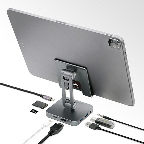 Digizo　7in1　PD対応スタンド型ドッキングステーション　シルバー　1台 シルバーのスタンド型ドッキングステーションが正面から見える状態
