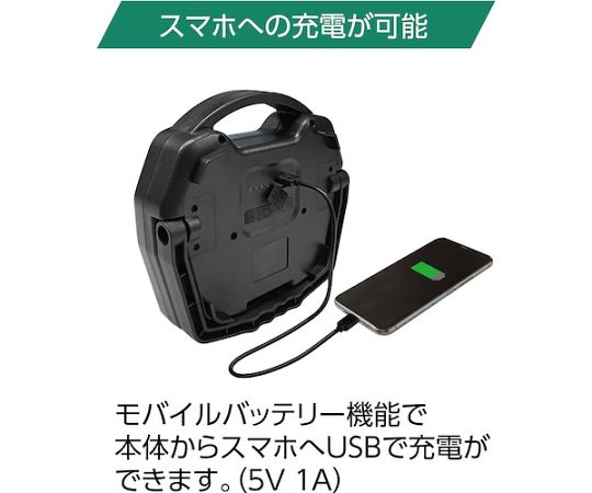 BERUF BTK-1301RBT スピーカー付ポータブルワークライト 明るい光を放ちながら垂直に立てられたワークライト、スピーカー部分が見える角度。