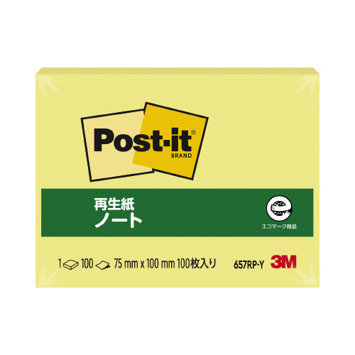 ポストイット　再生紙ノート７５×１００イエロー１冊画像
