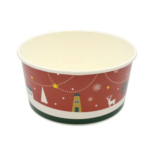 どんぶり容器 CO-1.5L-176 クリスマス赤 パックスタイル 鮮やかな赤色が特徴的なクリスマスデザインの容器が正面から見える状態