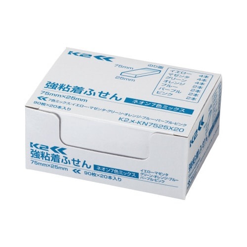 強粘着ふせん　Ｋ２　７５×２５　ネオン混色２０冊画像