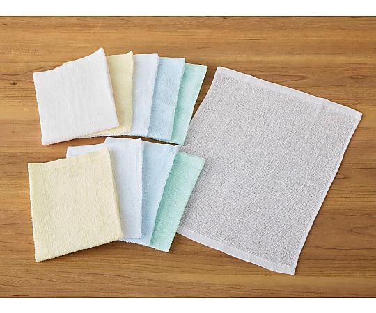 ウォッシュタオル10P クリアカラー ミックス 28×38cm 1セット（10枚×10袋入） カラフルなタオルが個包装で整然と並ぶ様子
