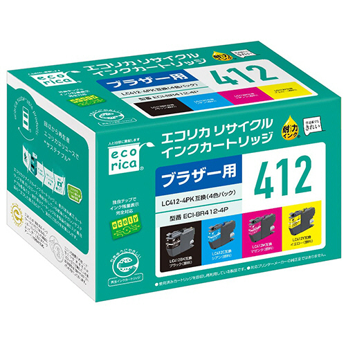 ﾘｻｲｸﾙｲﾝｸｶｰﾄﾘｯｼﾞ4色ﾊﾟｯｸ(顔料) [ﾌﾞﾗｻﾞｰLC412-4PK互換] 1箱(4個:各色1個)