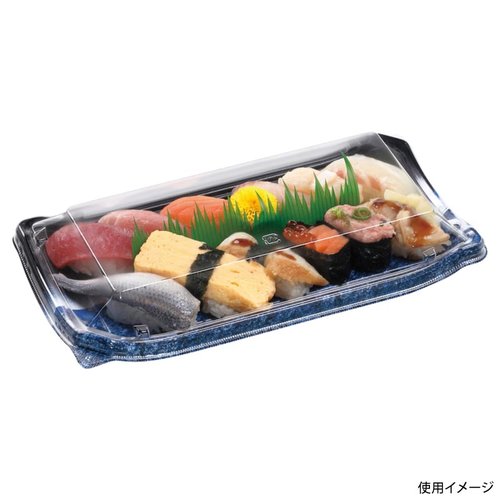 寿司容器 四季皿2-6 本体 うち波黒紺 エフピコ 波模様のデザインが施された黒紺の容器が並んでいる様子
