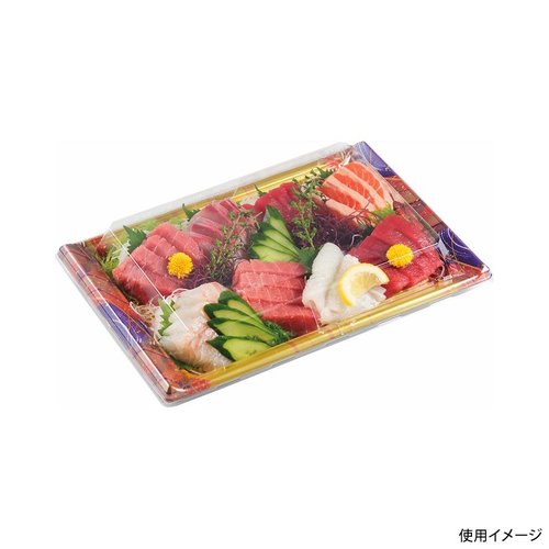 刺身容器 CF宴角 34-23 華やぎV-BK 身 中央化学 黒いトレーに盛られた鮮やかな刺身が美しく並ぶ様子