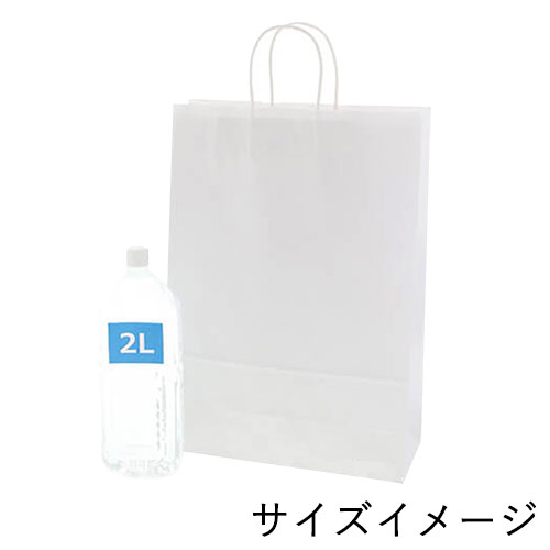 手提げ紙袋（白・丸紐・幅340×マチ140×高さ480mm） 正面を向いて自立し、白い本体と丸紐の持ち手がはっきり見える状態