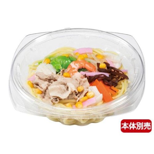 冷麺容器 バイオボール ジャスト 4K 194-58B リスパック 透明なプラスチック容器が斜めから見える状態、フタは閉じられており、丸型と角型のデザインが共存する様子。