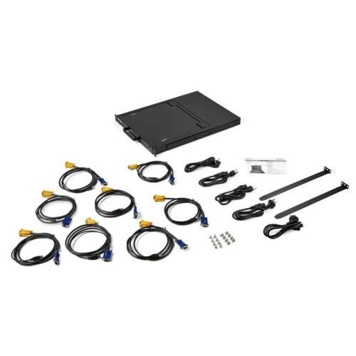 KVMコンソール　ラックマウント型　8ポート　17型モニター　1台 モニターが引き出され、接続ポートが見える状態