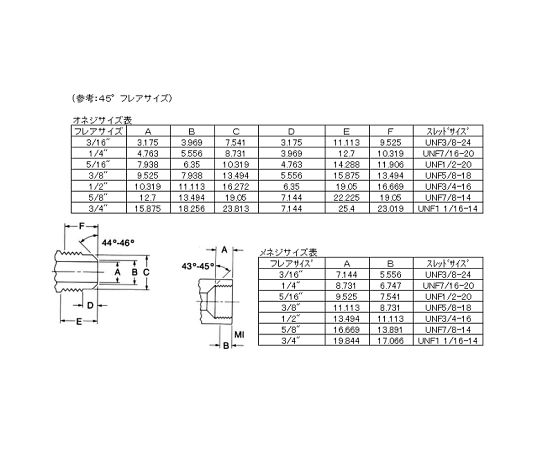 F1/4"xF1/4"　フレアーエルボ(銅パッキン付) 金属製のフレアエルボが斜めに置かれ、銅パッキンが付いている。
