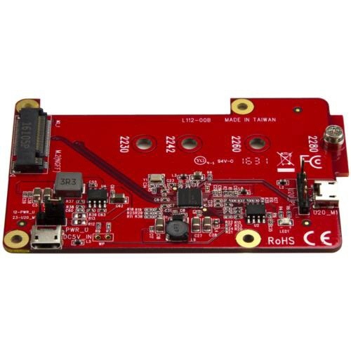 ラズベリーパイ用USB-M.2　SATA変換基板　1個 基板が接続端子を上に向けている状態、シンプルなデザインと基板の配線が見える。