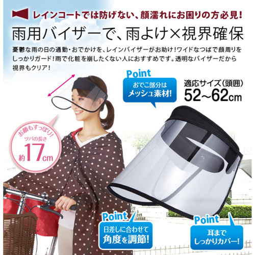 雨具　レインクリアバイザー 透明なビニール素材で構成された、軽やかにかぶれるバイザーが組み立てられた状態