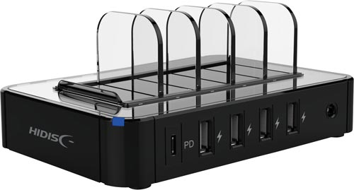 USB充電スタンド デバイス5台用 充電ポートが前面に並び、角度のあるデザインが際立つ正面からのアングル