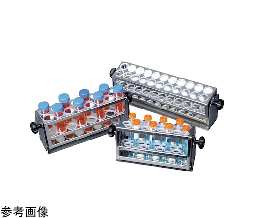 試験管ラック 小 30×8×12.9cm 直径 15-18mm 試験管がセットされた状態のラック、木製の質感が見える