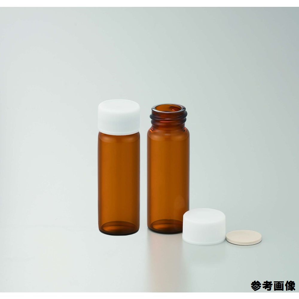 ねじ口瓶（茶）+PPキャップ（白）+フッ素PTFE/ニトリルパッキン　組合せセット　100組入　S-08 茶色のねじ口瓶と白いPPキャップが整然と並んでいる様子