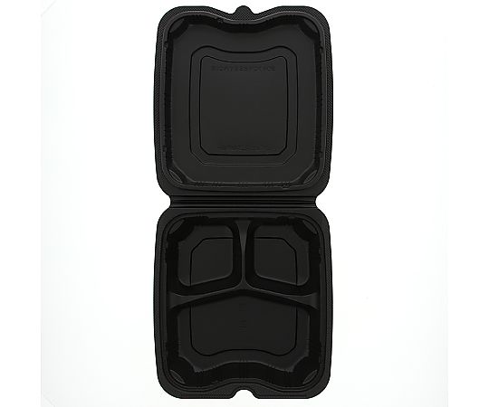 食品容器 バイオデリカシェルBOX 70-1 黒 25枚入 黒い食品容器が重ねて置かれ、清潔感のあるシンプルなデザインが見える状態