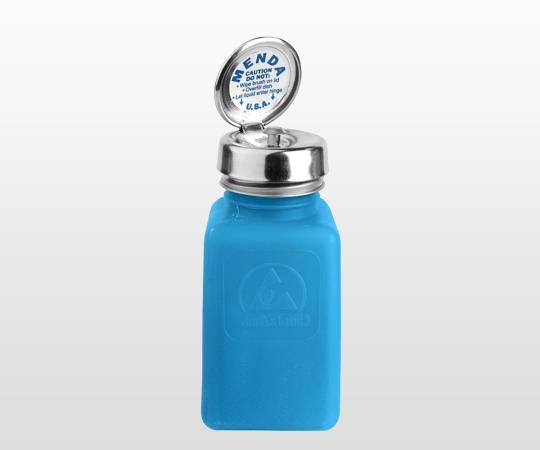 静電気拡散性ボトル(角型)ピュアタッチ(逆流防止付き)180mL 角型ボトルが透明な状態で逆流防止機能が付いた様子