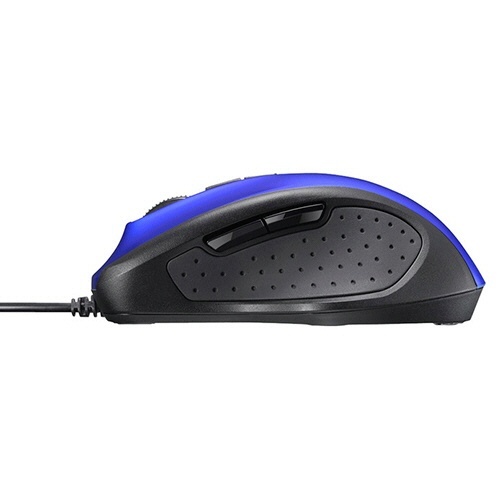 有線 BlueLED 光学式マウス 静音 5ボタン ブルー 1個 光沢のある青い本体が際立つ角度からのショット、左右対称に配置された5つのボタンが確認できる状態