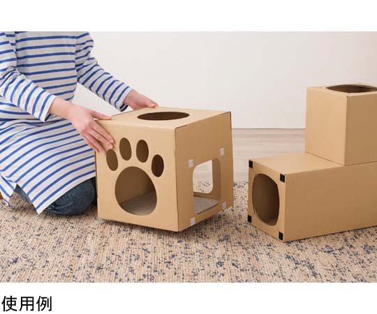 ねこねこトンネル BOX+T字セット パッケージとトンネルが組み合わさった状態で、猫が遊びたくなる様子