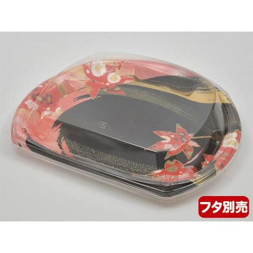 寿司容器 半月皿26-22 本体 風花赤 エフピコ 鮮やかな赤色でツヤのある半月型の皿が正面から見える状態