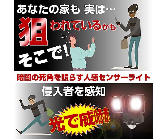 2灯 LEDセンサーライト(ソーラー充電式) 点灯した状態で、センサー部分が強調された横向きの製品が見える状態