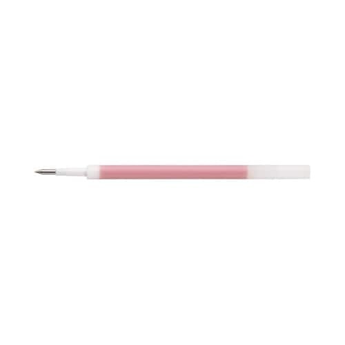 ユニボールRE　0.5mm替芯　ローズレッド10本 パッケージが平らに置かれ、正面から見た色鮮やかなデザインが特徴的な様子