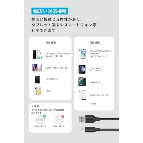 ANKER USB-C & USB-A ケーブル Flow 1.8m ミッドナイトブラック 1本 パッケージの側面が斜めから見える状態、ケーブルの長さが強調されている。