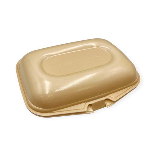 弁当容器 DLVランチ23-18-1 ベージュ エフピコ 滑らかなベージュの表面を持つ角型容器が横向きに置かれている状態
