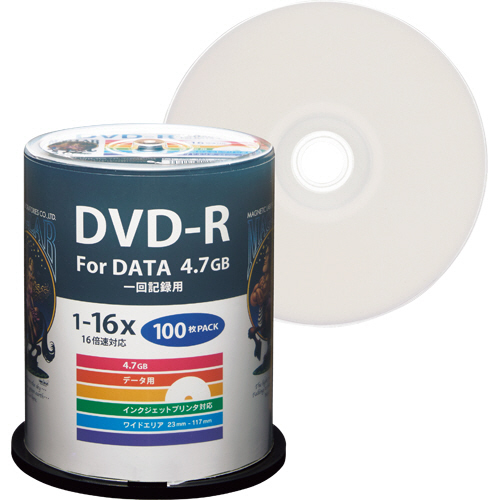 ﾃﾞｰﾀ用DVD-R 4.7GB 1-16倍速 ﾎﾜｲﾄﾜｲﾄﾞﾌﾟﾘﾝﾀﾌﾞﾙ ｽﾋﾟﾝﾄﾞﾙｹｰｽ 1ﾊﾟｯｸ(100枚)画像