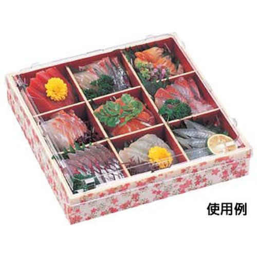 弁当容器 WPS-角214-214 本体 花かすみ朱 エフピコ パッケージが手前から斜め上に向けて撮影されている状態