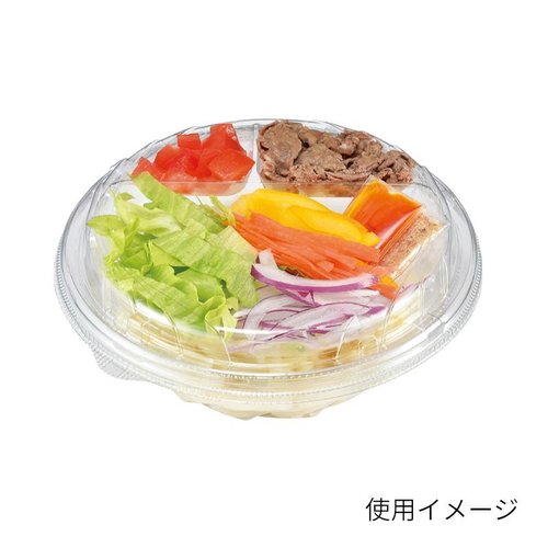 冷麺容器 バイオ ジャスト M 178-52B リスパック 透明な容器に入った冷麺が盛り付けられ、具材が鮮やかに見える状態