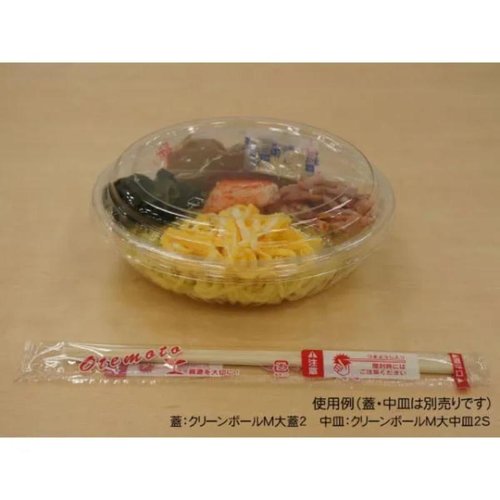 冷麺容器 バイオ M 大 本体 新 リスパック 透明な容器に入った冷麺の盛り付けが美しく、鮮やかな具材が見える状態