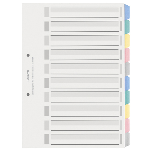 ｶﾗｰ仕切ｶｰﾄﾞ(PP) ﾌｧｲﾙ用 A4ﾀﾃ 2穴 5色 10山見出し+扉紙 1組画像